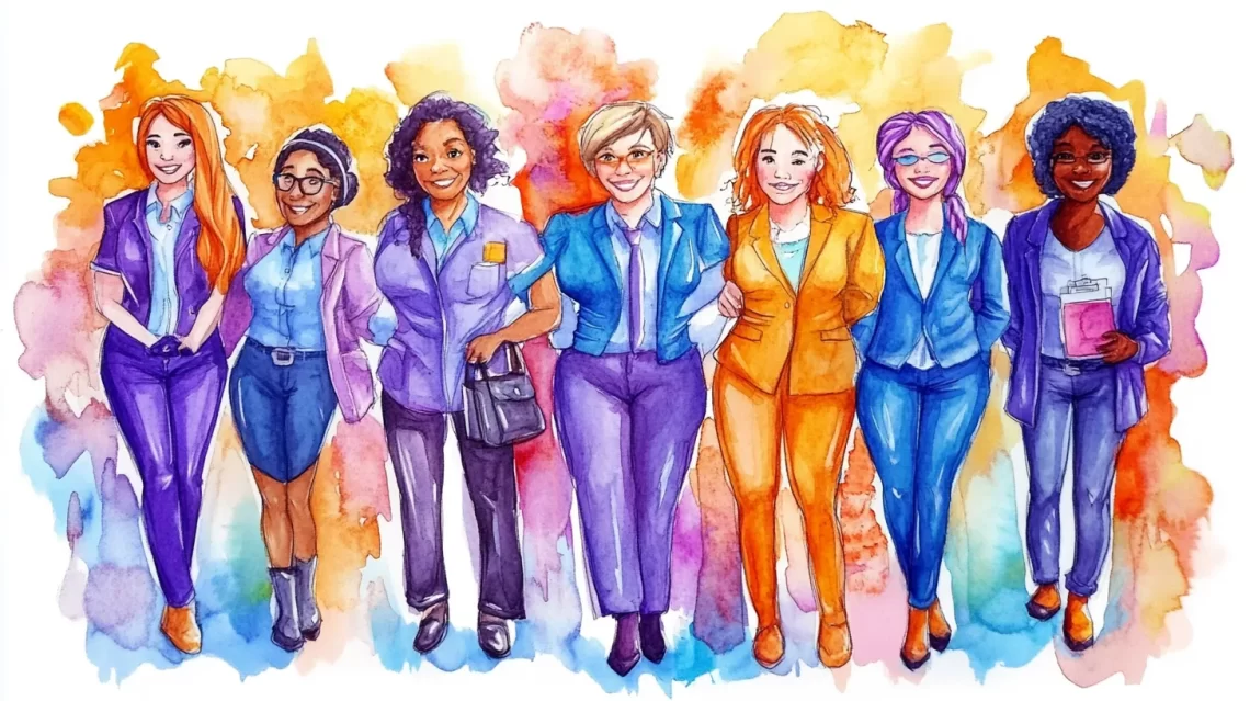 A diverse group of women in professional attire representing nonprofit health and human services workforce, symbolizing collaboration, diversity, and training opportunities
