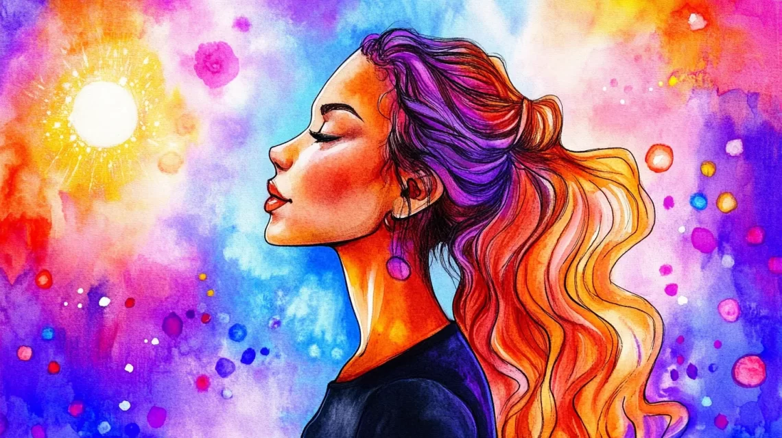 Colorful artistic illustration of a thoughtful woman reflecting in a vibrant watercolor background, symbolizing insights into cognitive biases and decision-making in health services.