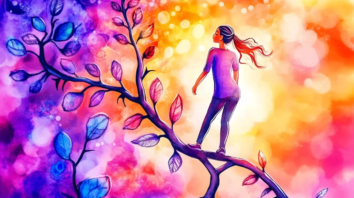 A woman standing on a tree branch against a colorful background, symbolizing growth, uniqueness, and the transformative potential of the Von Restorff Effect and AI in nonprofit services.