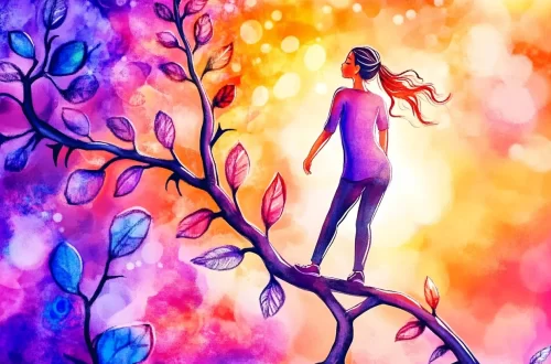 A woman standing on a tree branch against a colorful background, symbolizing growth, uniqueness, and the transformative potential of the Von Restorff Effect and AI in nonprofit services.