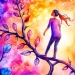 A woman standing on a tree branch against a colorful background, symbolizing growth, uniqueness, and the transformative potential of the Von Restorff Effect and AI in nonprofit services.