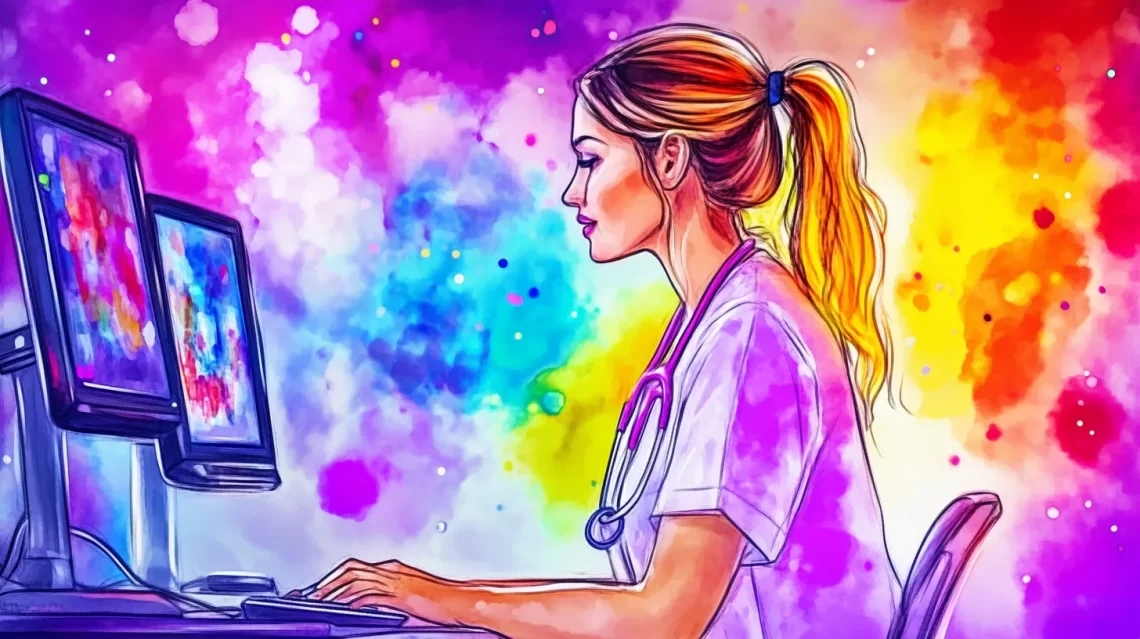 Healthcare professional using dual computer monitors with vibrant, colorful backgrounds, symbolizing innovation in Medicare proposals and digital health solutions for nonprofits.
