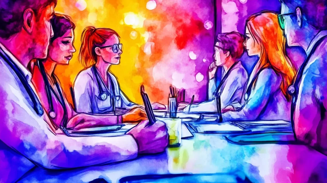 Healthcare professionals in a vibrant team meeting, discussing innovations like Hippocratic AI for improving nonprofit healthcare services.