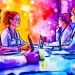 Healthcare professionals in a vibrant team meeting, discussing innovations like Hippocratic AI for improving nonprofit healthcare services.