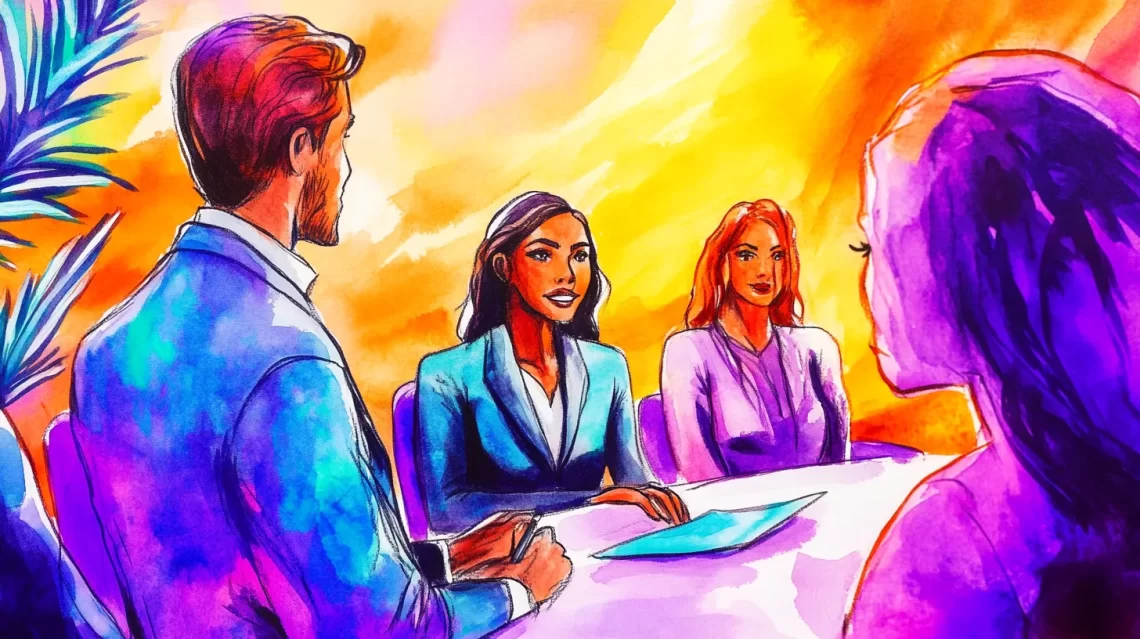 Illustration of professionals in a collaborative meeting setting, highlighting compliance and ethical considerations for AI in healthcare.