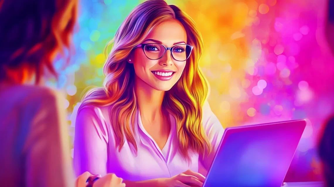 Smiling woman working on a laptop with vibrant colorful background, representing innovation in healthcare technology.