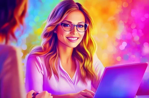 Smiling woman working on a laptop with vibrant colorful background, representing innovation in healthcare technology.