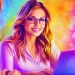 Smiling woman working on a laptop with vibrant colorful background, representing innovation in healthcare technology.