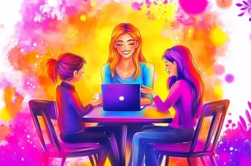 A vibrant illustration of three individuals, including a confident woman with a laptop, symbolizing teamwork and AI-assisted emotional support.