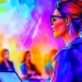 Confident woman giving a presentation on responsible AI use in healthcare to a diverse audience.